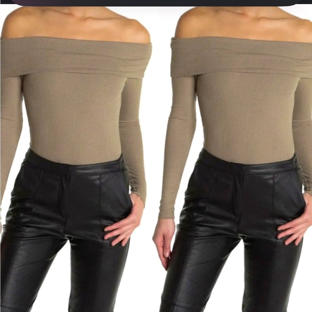 AFRM Tan Ribbed Off Shoulder Fitted Bodysuit